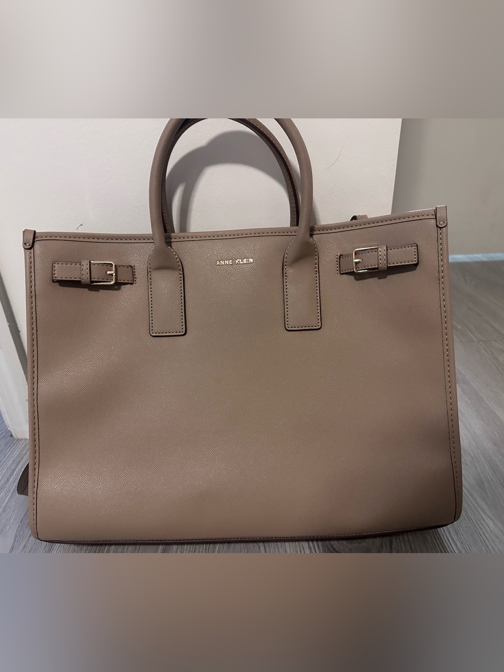Anne Klein Taupe Structured Saffiano Tote with Gold Accents